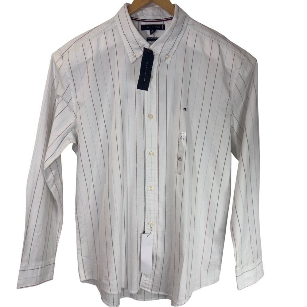 Tommy Hilfiger Men's XL‎ White Striped Regular Fit Stretch Button Down Shirt